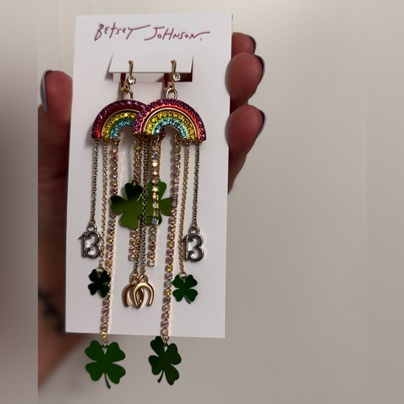 Betsey Johnson Jewelry - NWT Betsey Johnson Rainbow Lucky Charm Drop Earrings, St Patrick’s Day Glam
